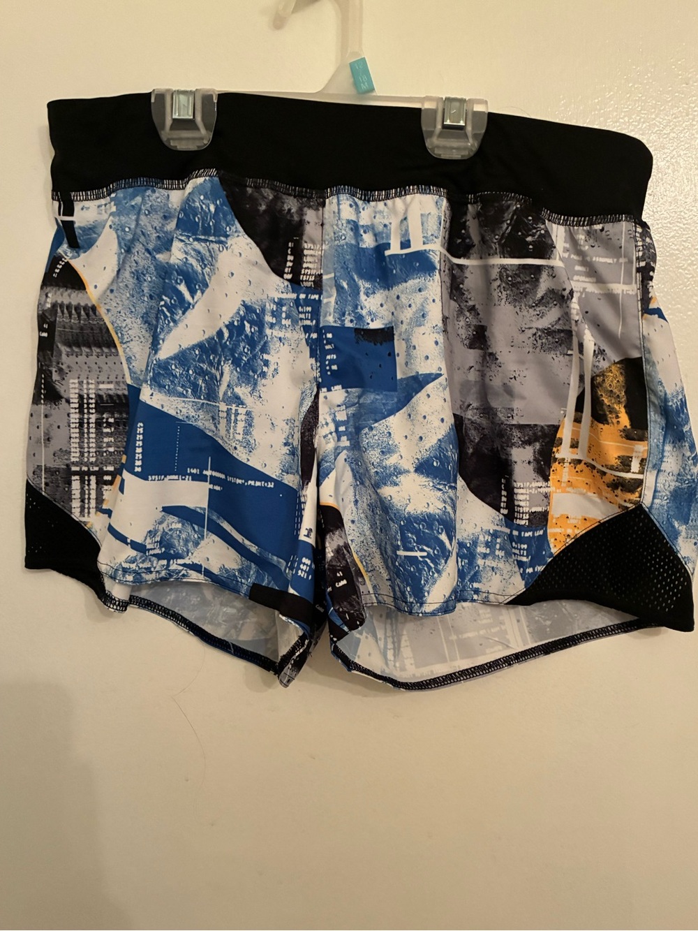 Reebok Blue, Black & Yellow Abstract Print Athletic Shorts